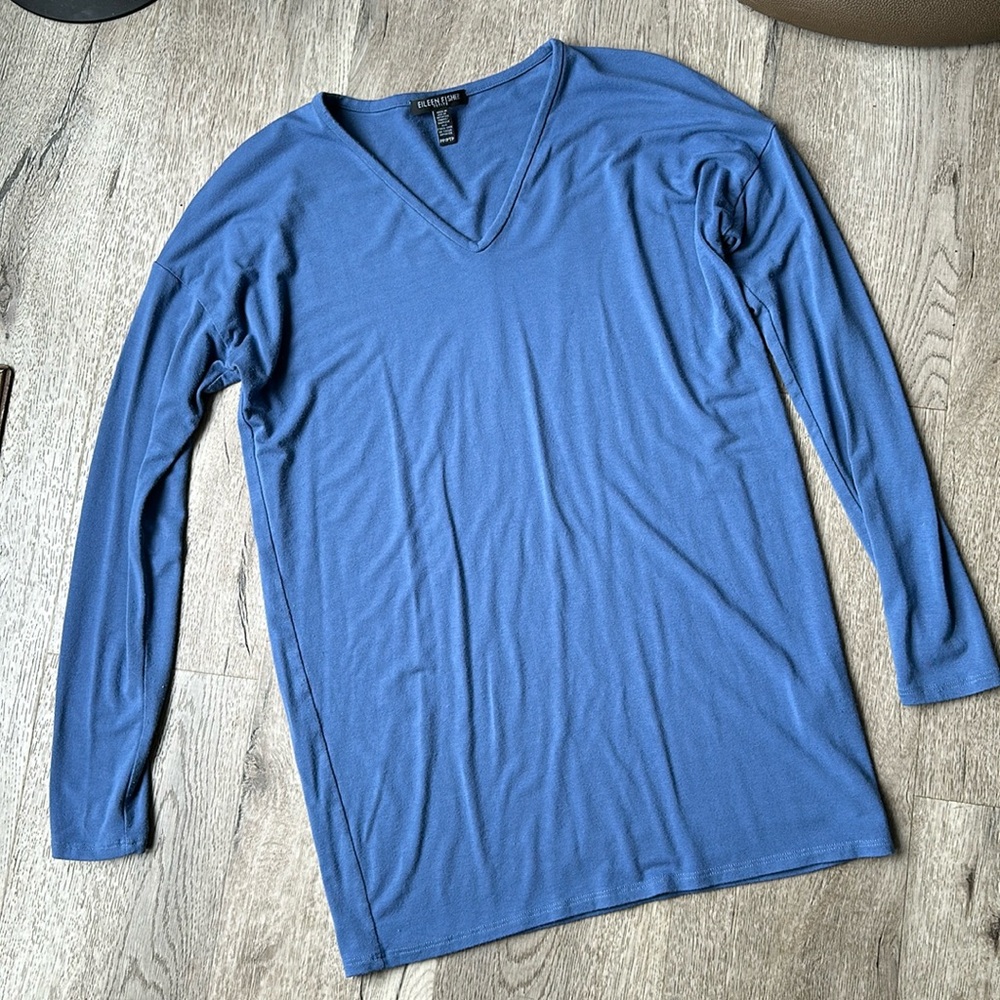 Eileen Fisher petite Long Sleeve V Neck Blue Shirt